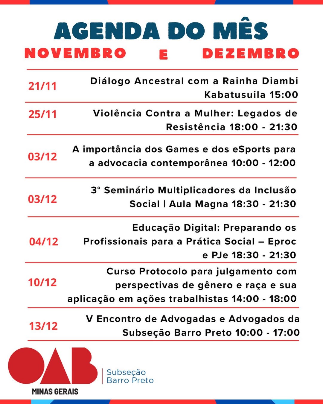 OAB Barro Preto - Agenda OAB Barro Preto – Novembro e Dezembro/2025